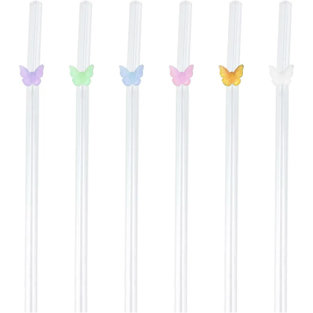 Pajitas de vidrio reutilizables sin BPA - Juego de 6 con decoración de mariposas, longitud de 20 cm, ideales para bebidas frías y calientes (Multicolor)