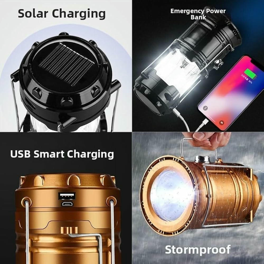 Linterna portátil LED 6 en 1 con ventilador recargable USB para camping y actividades al aire libre (Naranja)