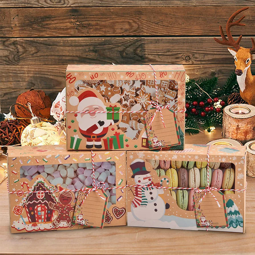 Caja de galletas de Navidad, 12 piezas, diseño variado, ideal para regalo, 100% segura para alimentos, adecuada para dulces y pasteles, papel kraft biodegradable