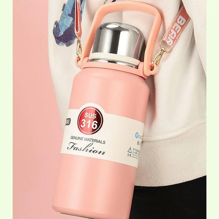 Botella de Acero Inoxidable 316, Cantimplora, Vaso, Taza Aislada al Vacío para Viajes y Actividades Exteriores, 1300 ml (Rosa) 1.3L