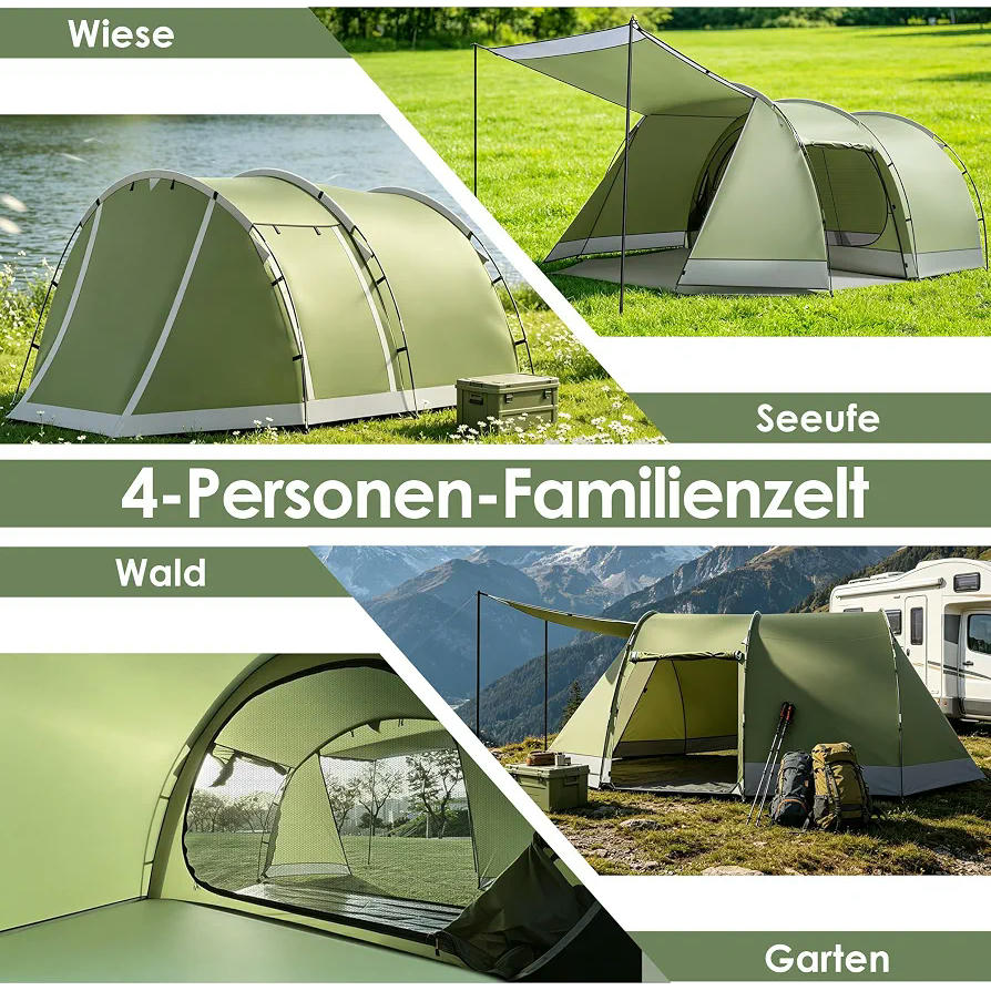 Tienda de campaña tipo túnel para 4 personas, impermeable 5000 mm, 420 x 260 x 150 cm, con toldo y suelo extraíble