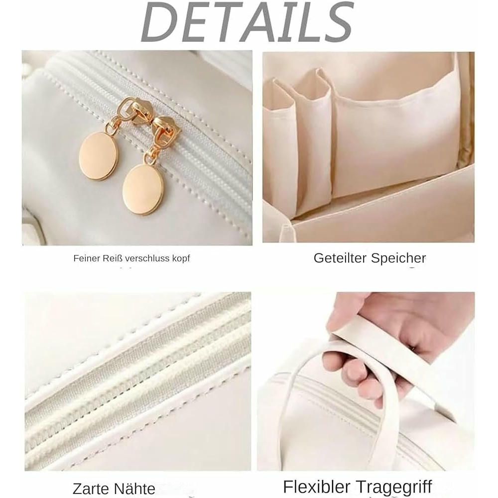 Neceser de maquillaje multifuncional de piel sintética con asa - Organizador de viaje para mujer (Blanco)