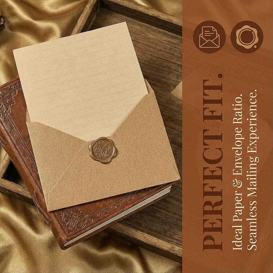 Juego de Papelería Vintage A5: 20 Hojas de Papel Pergamino, Sobres y Sellos de Cera - Kit de Escritura Antigua