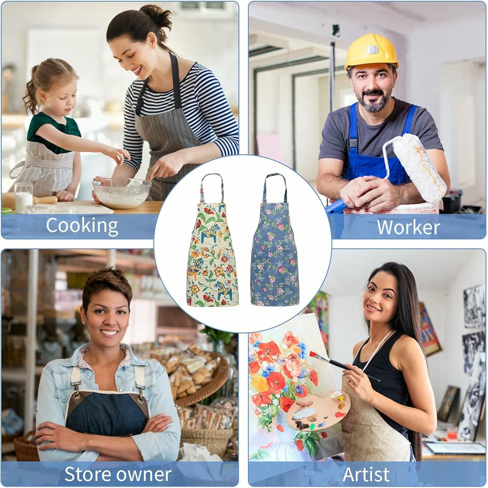 Delantales de Cocina para Mujeres, 2 Piezas, Algodón Floral, Ajustables, con 2 Bolsillos, Ideales para Cocinar, Hornear y Jardinería (Multicolor)