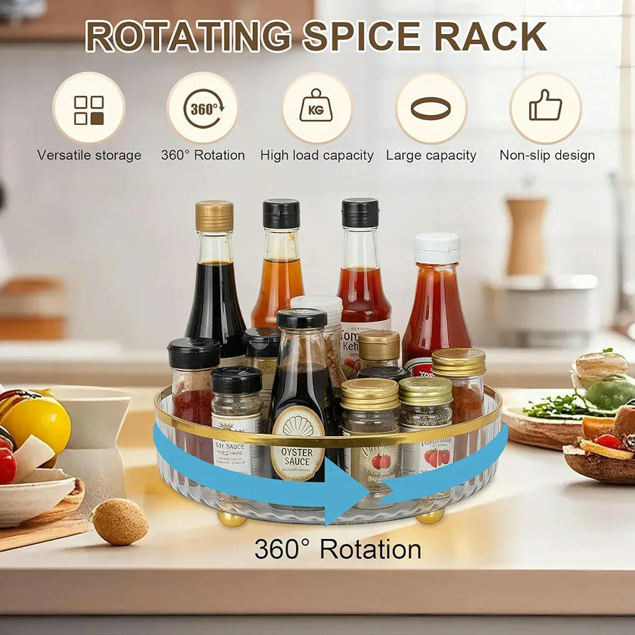 Especiero Giratorio Transparente 360 grados, Organizador Anti-Deslizante para Cocina y Baño, 27 cm de diámetro (Dorado)
