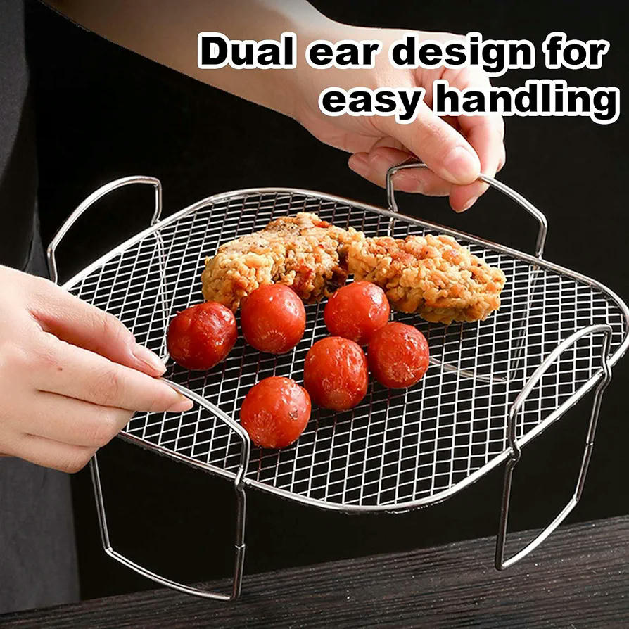 Soporte de acero inoxidable para freidora de aire, accesorio multiusos con guantes de silicona, 20,8 x 20,6 x 9 cm, ideal para deshidratar frutas y carnes