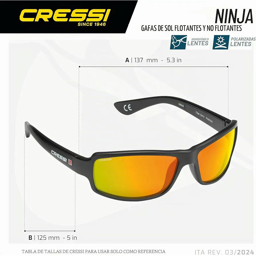 CRESSI Ninja Sunglasses-Gafas de sol Polarizadas Unisex, Lentes Antirreflejos, Protección Hidrófuga y Rayos UV, ideales para el Mar, la Pesca y la Náutica, Lentes reflejado azul