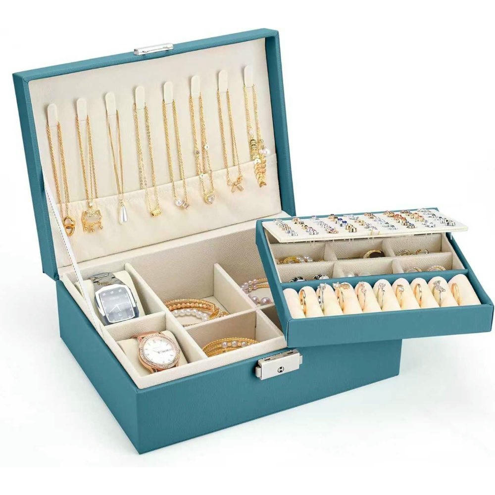 Joyero para Mujer, Caja Organizadora de 2 Capas con Almohadillas para Relojes, Cuero de PU, Joyero de Viaje para Aretes, Anillos, Collares y Pulseras, Color Azul