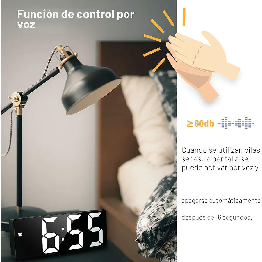 Reloj Despertador Digital con Pantalla LED Grande y Función de Alarma Activada por Sonido (Negro)