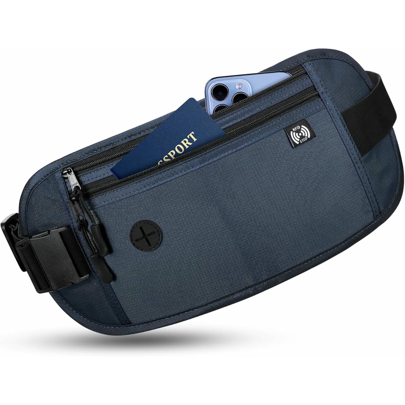Riñonera impermeable para unisex, cinturón de dinero con bloqueo RFID, riñonera antirrobo para pasaporte y teléfono, color azul oscuro
