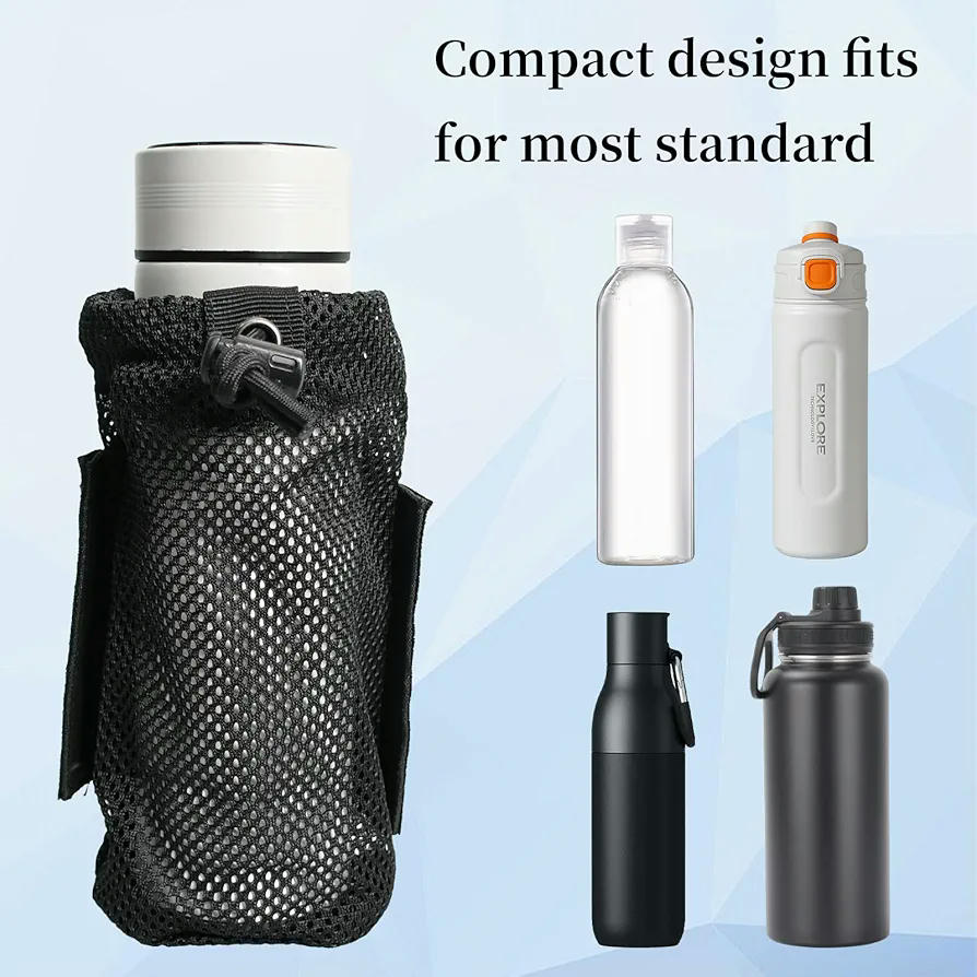 Portabotellas táctico para botellas de agua, bolsa plegable de nailon, con cordón superior y base de malla, ideal para camping, senderismo y actividades al aire libre, color negro