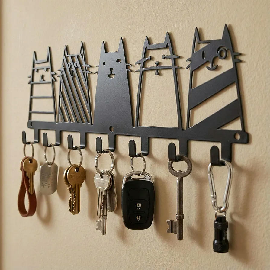 Colgador de Llaves de Pared Multifuncional Negro con 7 Ganchos para Organizar y Decorar (Negro)