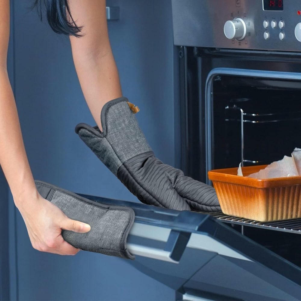 Juego de 4 Guantes de Horno y Soportes para Ollas, Guantes Resistentes al Calor, Manoplas Antideslizantes para Cocinar y Hornear - Gris