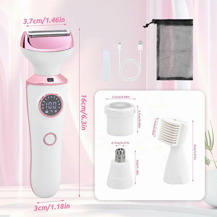 Depiladora Eléctrica 4 en 1 para Mujer, Maquinilla de Afeitar con Cuchillas Intercambiables y Carga USB (Rosa)