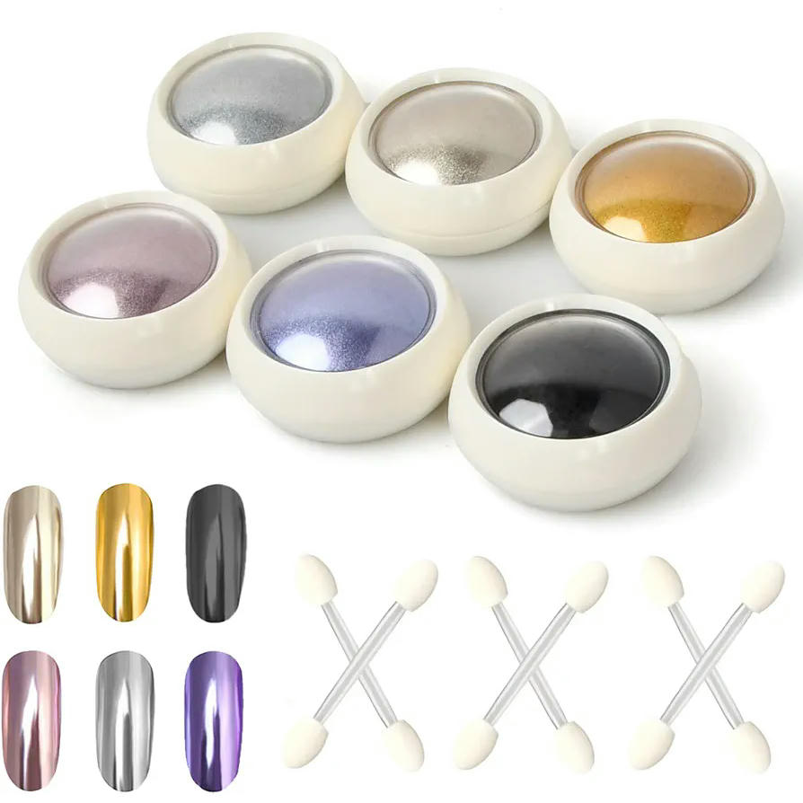 Polvos Cromados para Uñas en 6 Colores, Decoración de Uñas con Efecto Holográfico