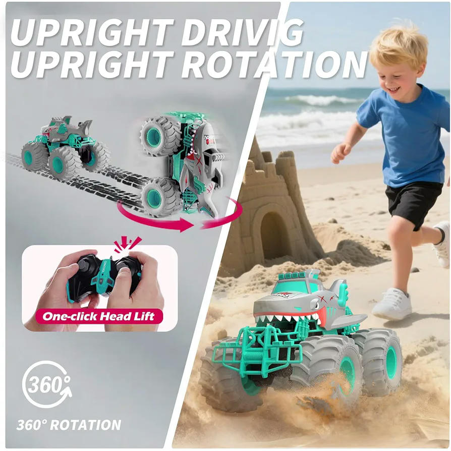 Coche teledirigido RC anfibio tipo tiburón 4WD con 2 baterías recargables, juguete impermeable para niños