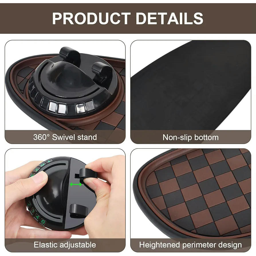 Alfombrilla Antideslizante para Coche con Soporte Móvil 360° Rotación y Almacenamiento, Marrón Negro