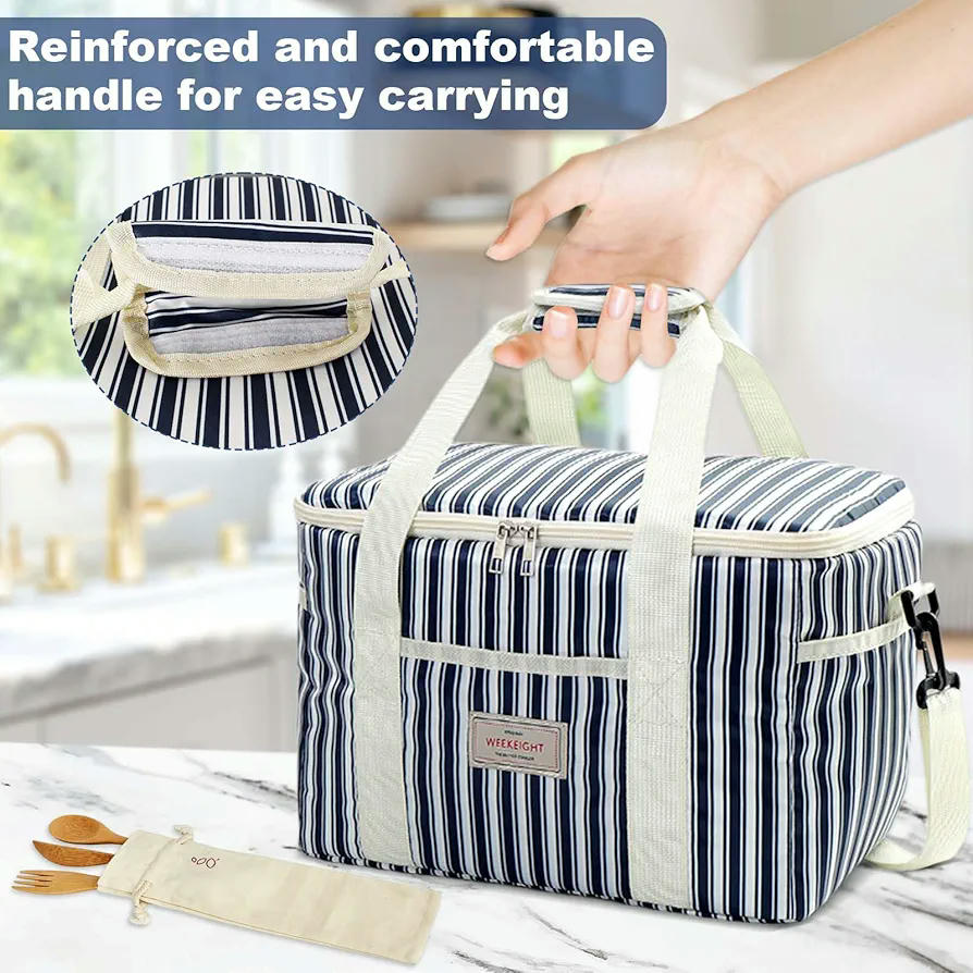 Bossa tèrmica porta aliments 15.4L, llanxera ideal per a l'oficina, viatge, pícnic, escola i càmping, amb 3 bosses per a coberts, color blau marí