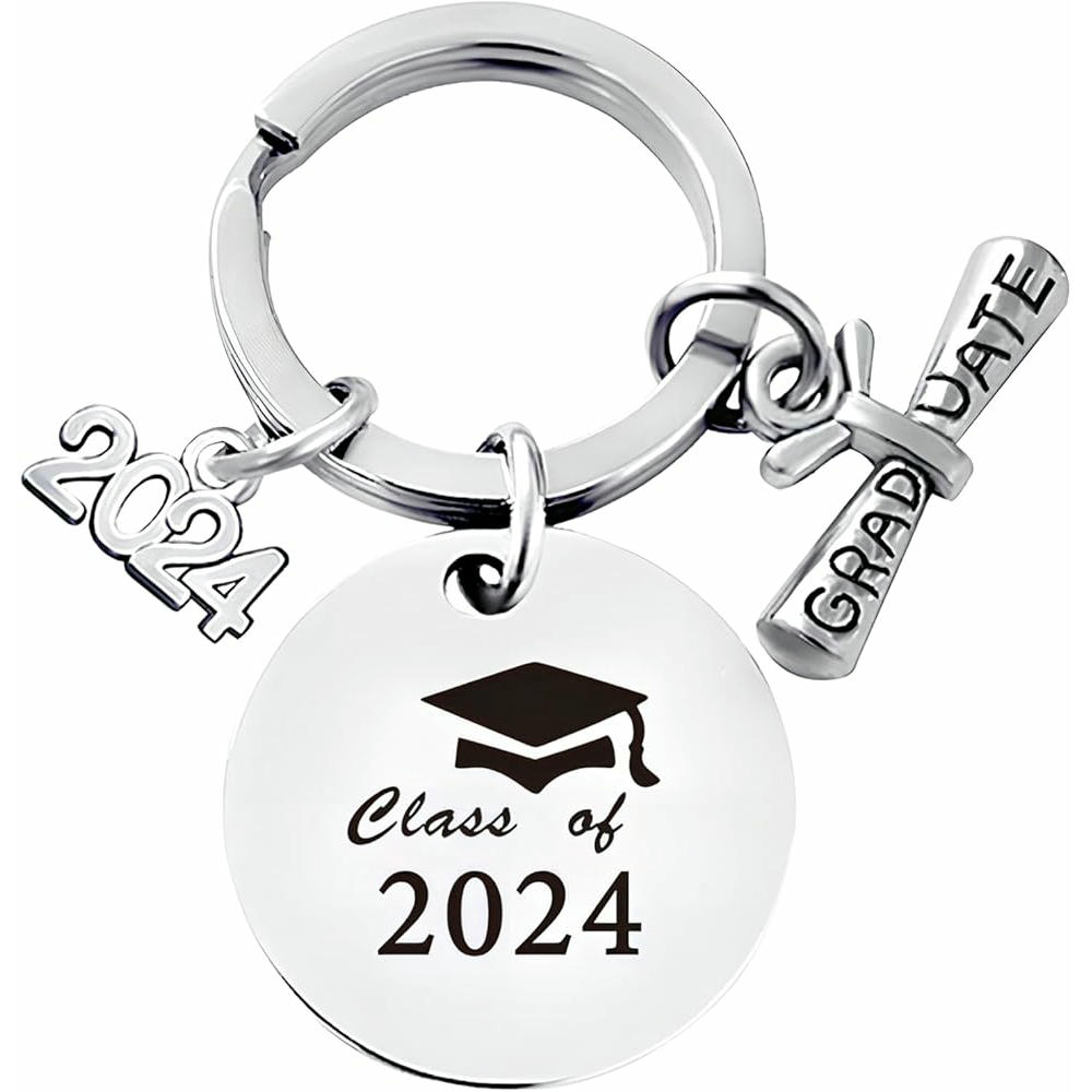 Llavero de graduación de acero inoxidable, recuerdo para graduados, regalo para amigos y estudiantes, clase de 2024, color plateado