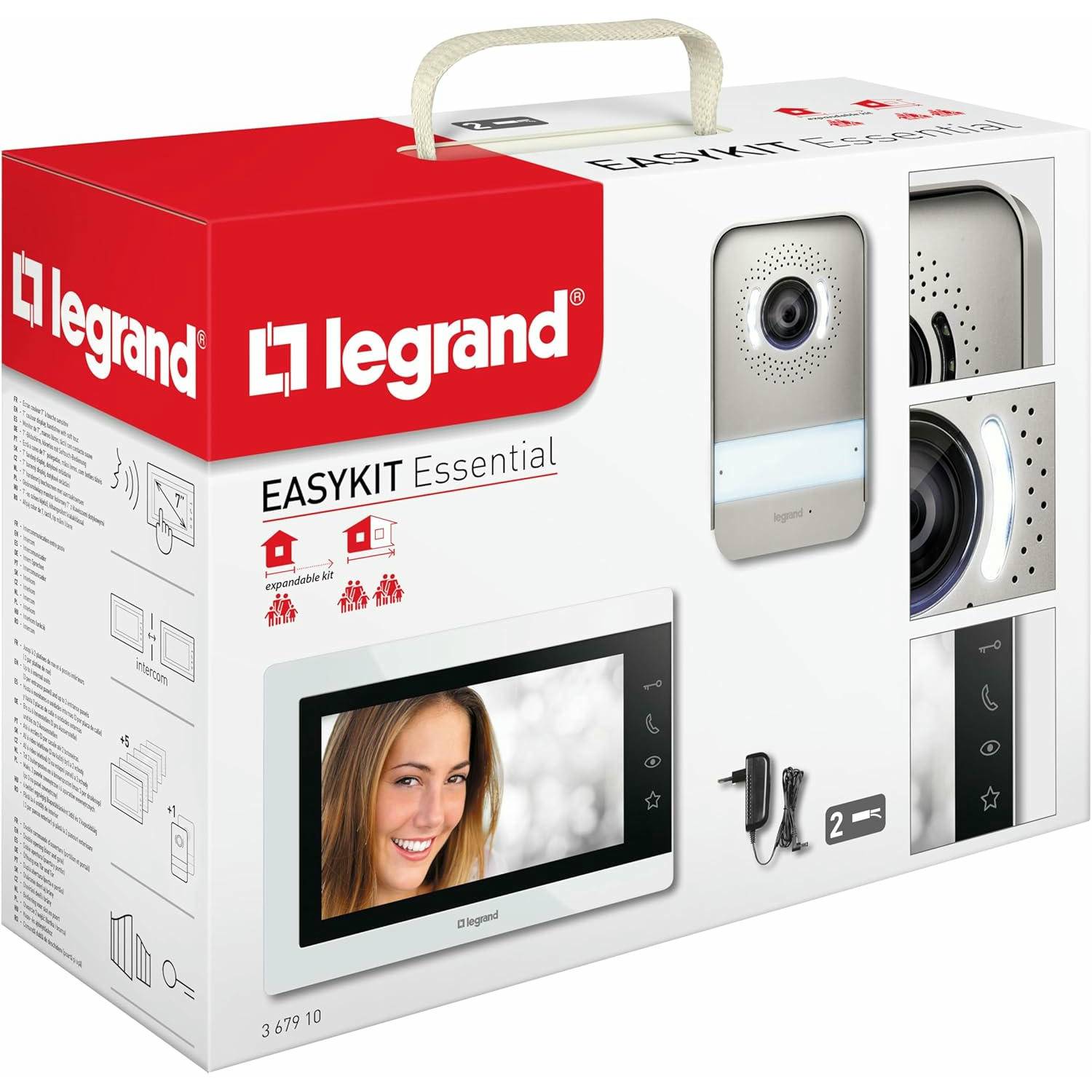 LEGRAND, EASYKIT Essential 367910 - Kit de videoportero de 2 hilos, monitor a color de 7" y cámara gran angular, 1 o 2 unidades familiares, ampliable, IP54-IK07, blanco