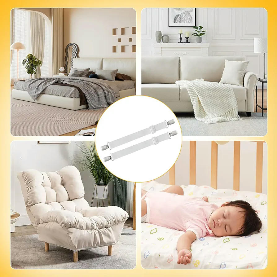 10 Sujetadores Ajustables para Sábanas, Clips de Metal para Colchones y Sofás, Correas Elásticas de 50 a 230 cm, Color Blanco