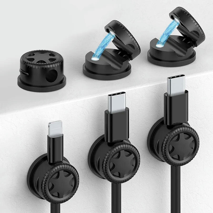 Organizadores Magnéticos de Cables - Clip Autoadhesivo Giratorio 360° para Escritorio, Mesilla o Coche