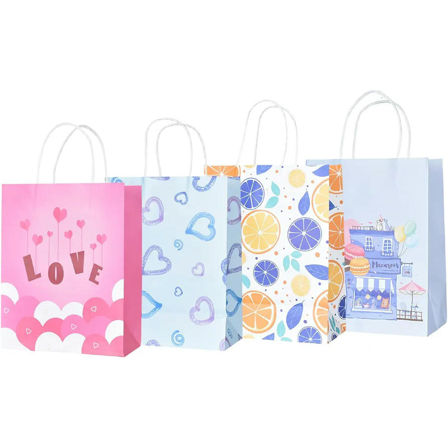 20 Piezas Bolsas de Regalo con Asas en 4 Patrones de Papel Kraft, 21x11x27 cm para Fiestas y Celebraciones (Multicolor)