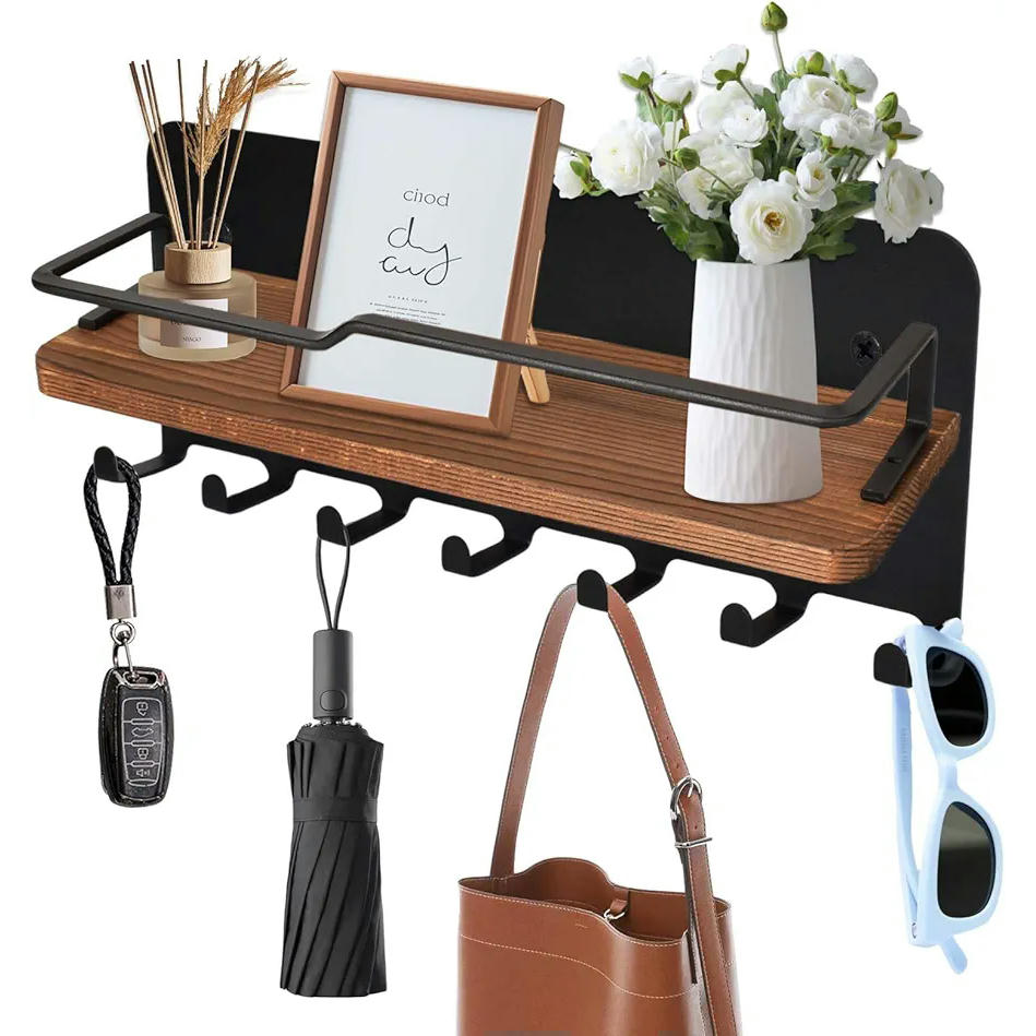 Wooden Key Holder with Shelf and 6 Hooks for Wall Organization (Brown)
