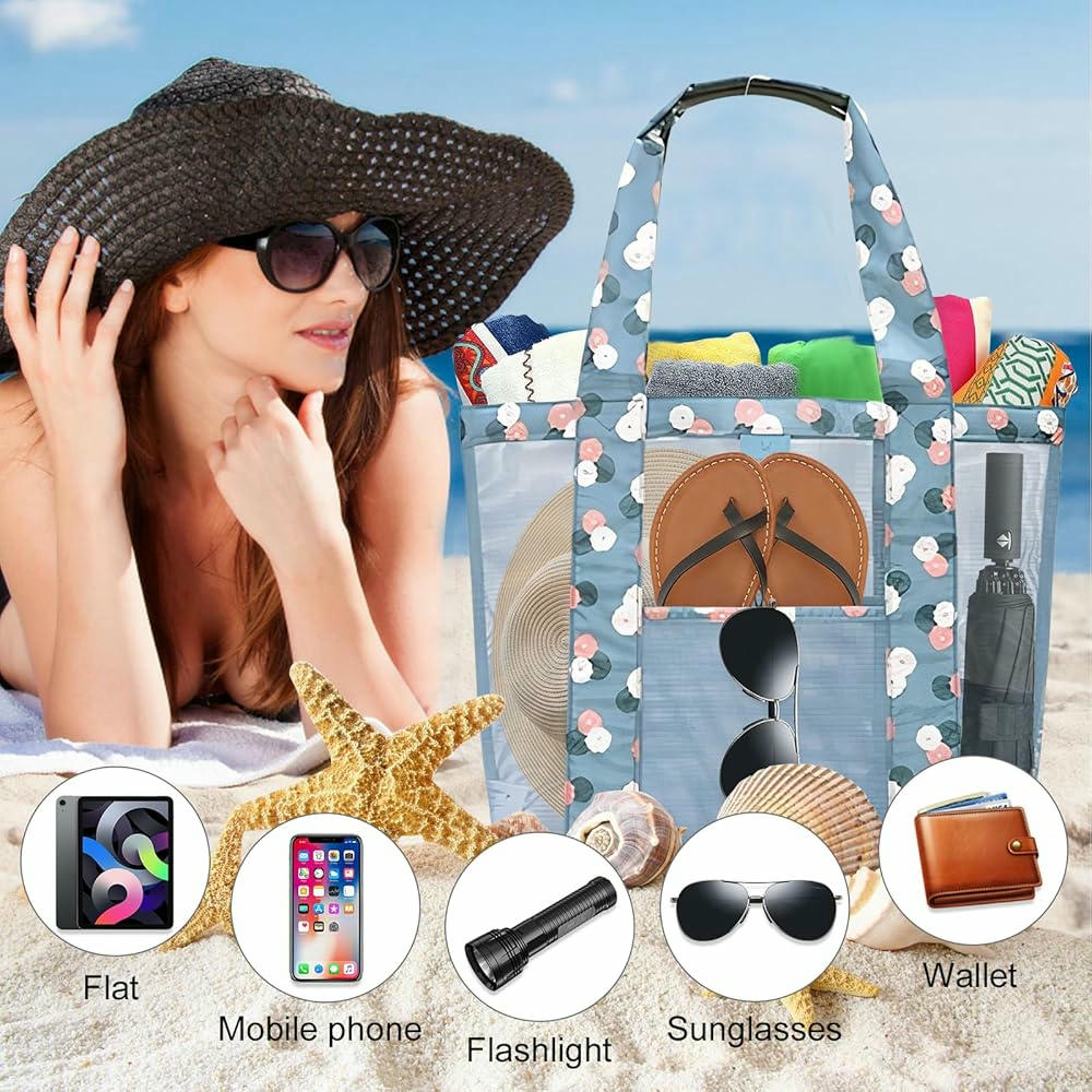 Bolsa de Playa Grande para Mujer con Múltiples Bolsillos y Diseño Transpirable Plegable (Rojo)