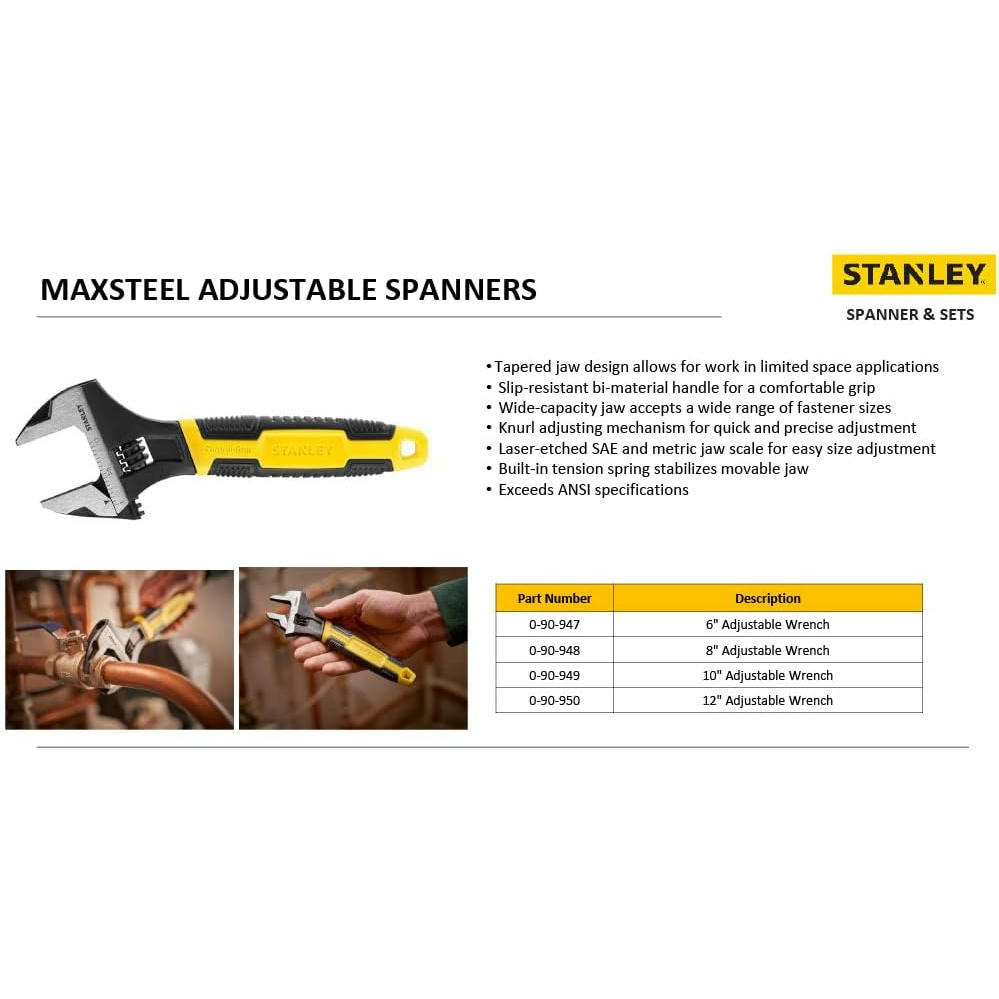 STANLEY Llave Ajustable MAXSTEEL, Longitud 250mm, Acabado Fosfatado, Cromo Vanadio, Mango Ergonómico Bimaterial, Apertura 33mm, Cumple Normas ISO/DIN/ASME, 0-90-949