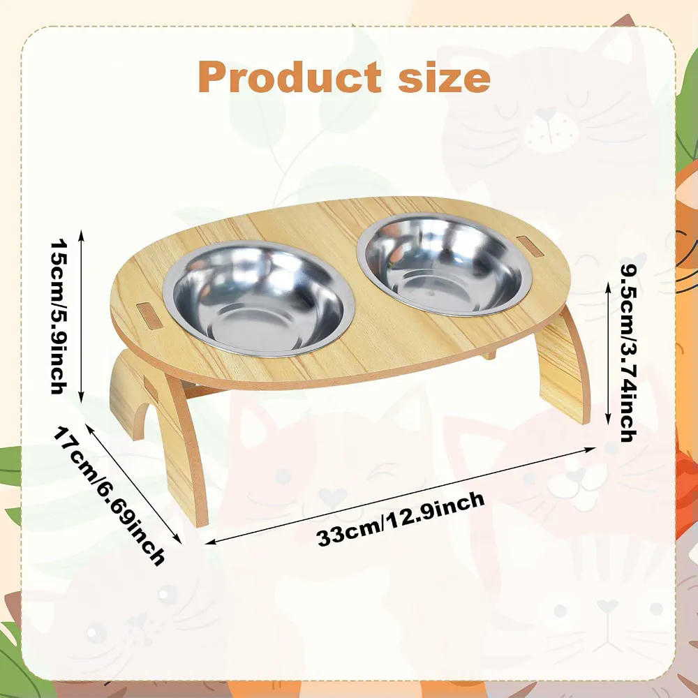 Comedero Elevado para Gatos con 2 Cuencos de Acero Inoxidable y Soporte de Madera de 33 cm (Marrón)