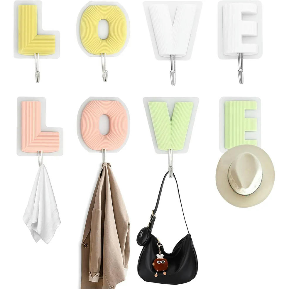 8 Ganchos Adhesivos Creativos LOVE para Pared, Resistentes y Impermeables, Multicolor