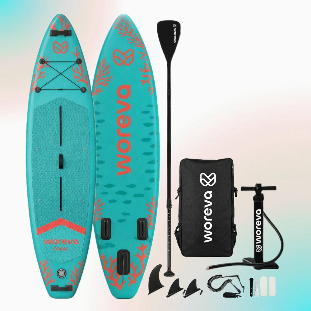 WOREVA CORAL - Kit Paddle Surf Inflable 335cm | Tabla SUP Touring, Estable 3 quillas, Portable 3 asas, Ancho 84cm (hasta 160kg) | Pack con remo, inflador, mochila y más