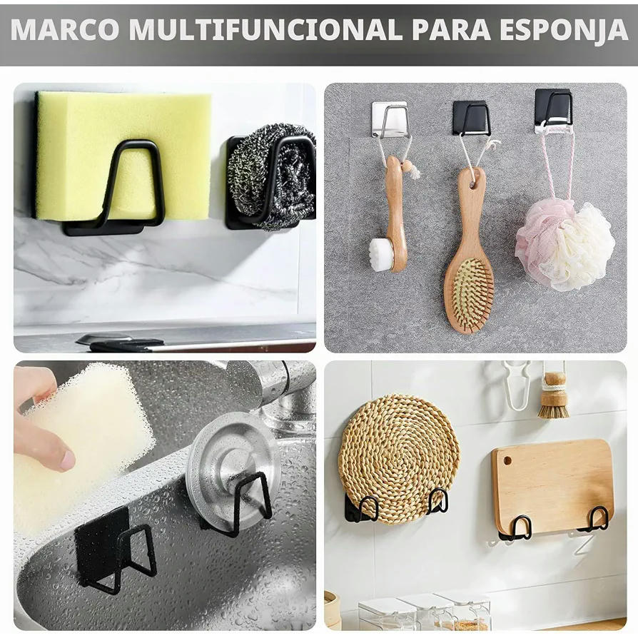 4 Soportes Autoadhesivos de Acero Inoxidable para Estropajos y Esponjas de Cocina