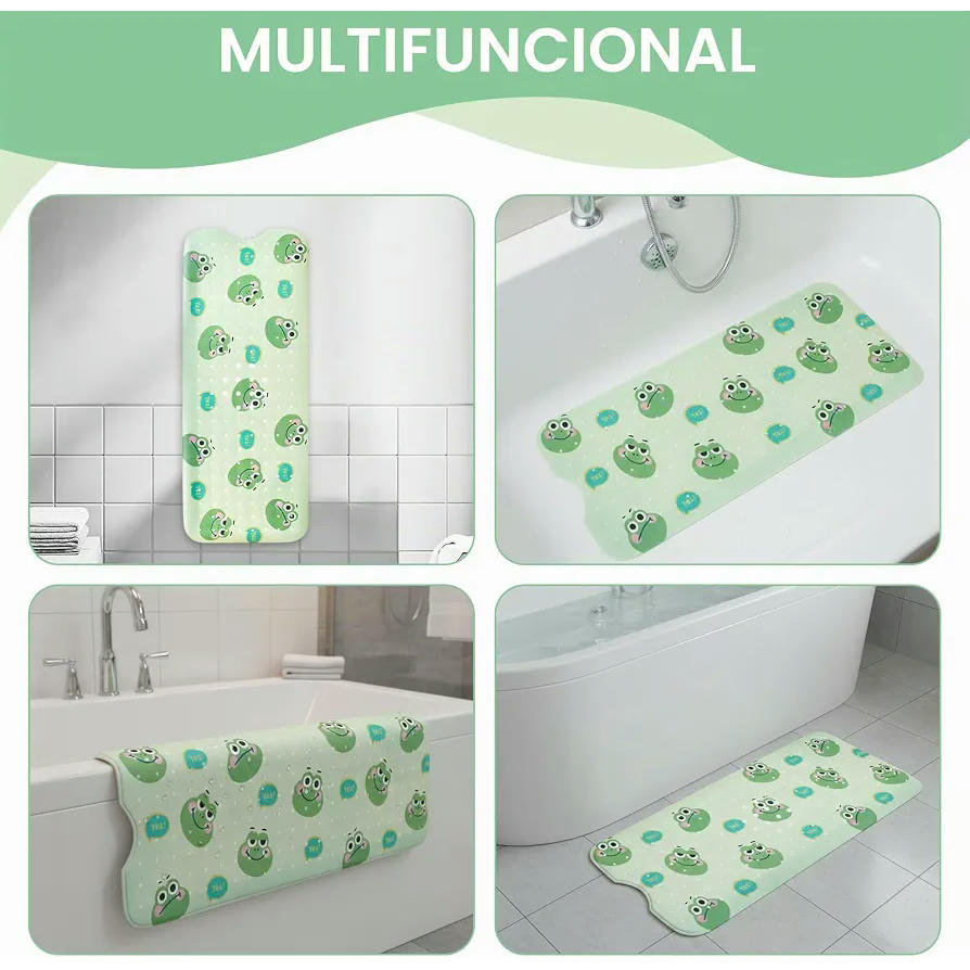 Alfombra Bañera Antideslizante Infantil 100 x 40 cm, Verde con Sapos, Lavable y Resistente al Moho, Sin BPA