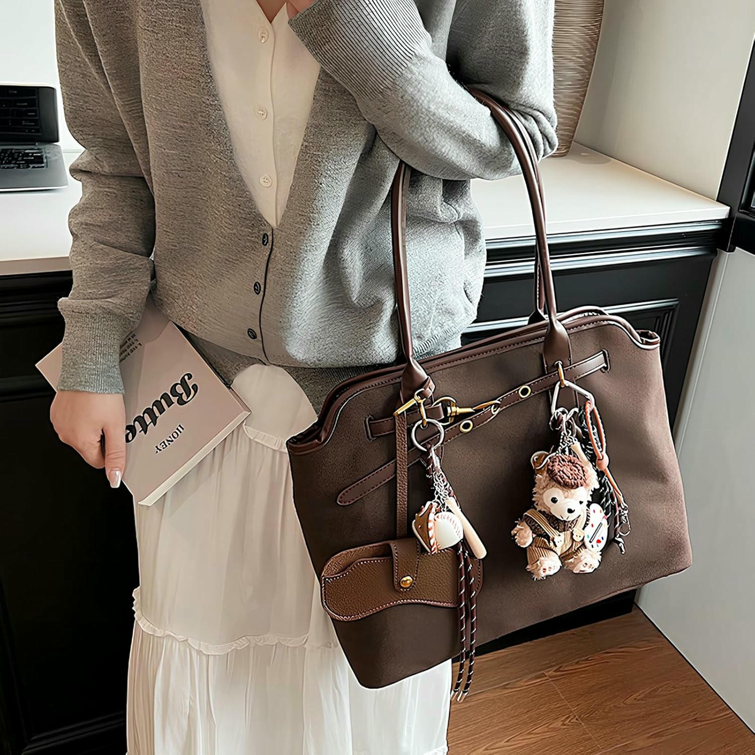 Bossa Tote Gran de Dona Brawn, Cuero PU, Bossa Bandolera Casual, Gran Capacitat amb Cremallera, Ideal per a Compres i Viatges de Treball, Escola, 40 x 30 x 14 cm, color marró