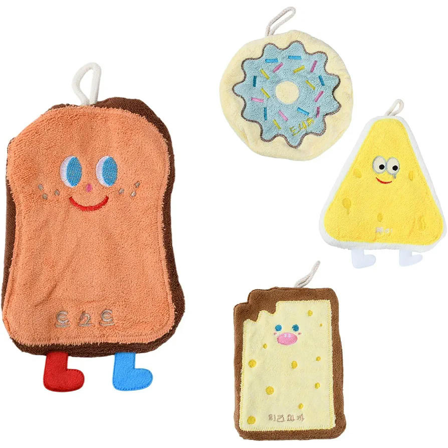 4 microfiber hand towels for kids, absorbent with hanging hook for kitchens and bathrooms, Multicolor