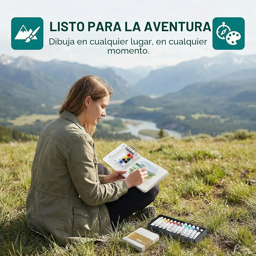 Set Portátil de Acuarelas de Viaje con 12 Colores, Paleta, Pincel y Mini Cuaderno 8 x 8 cm