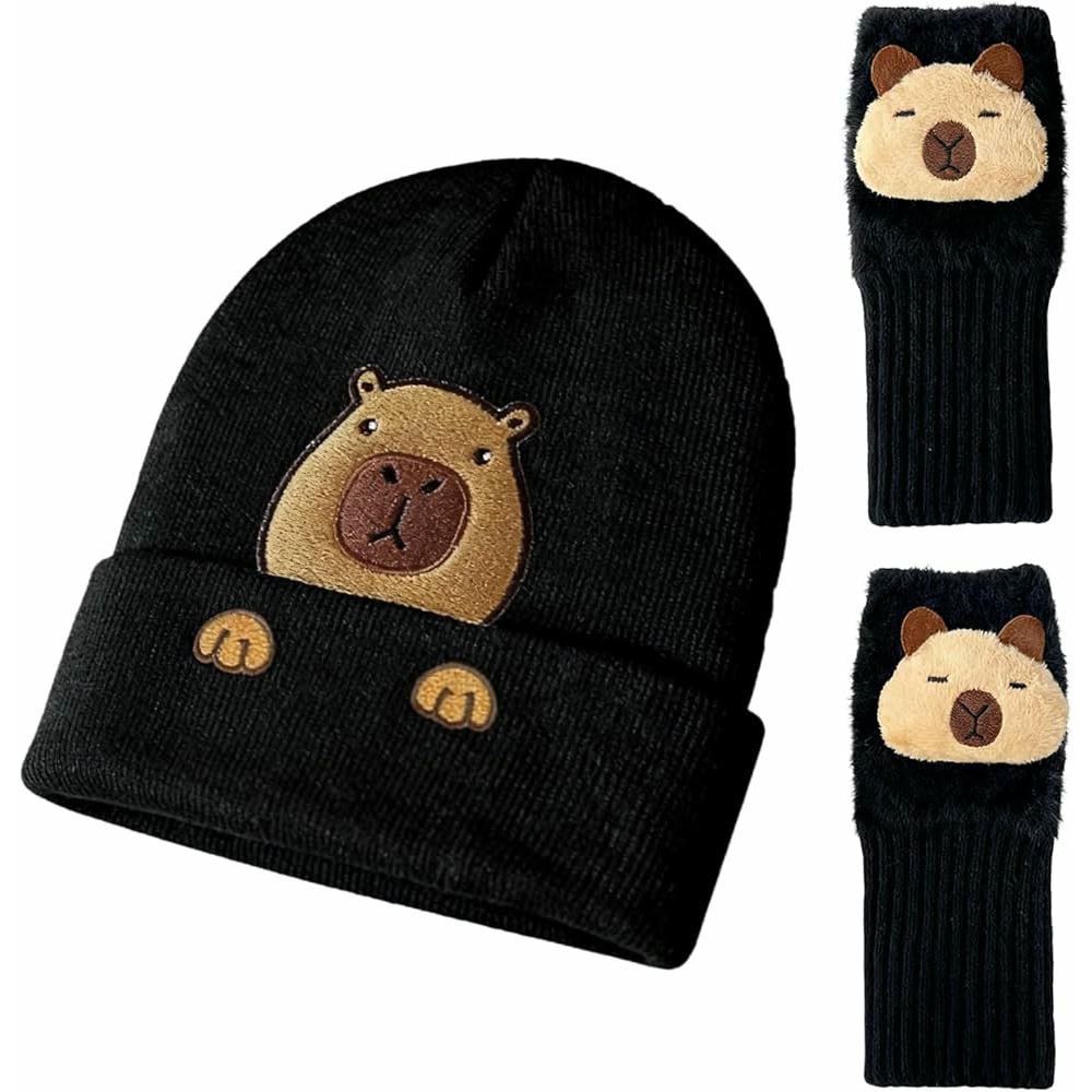 Gorro de Punto Negro con Guantes para Climas Fríos con diseño de animal Capibara (Negro)