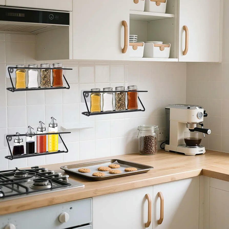Especiero de Pared Metálico, Organizador de Especias para Cocina y Baño, Set de 4 Piezas, Instalación Sin Taladro, Almacenamiento Eficiente de Condimentos (Negro)