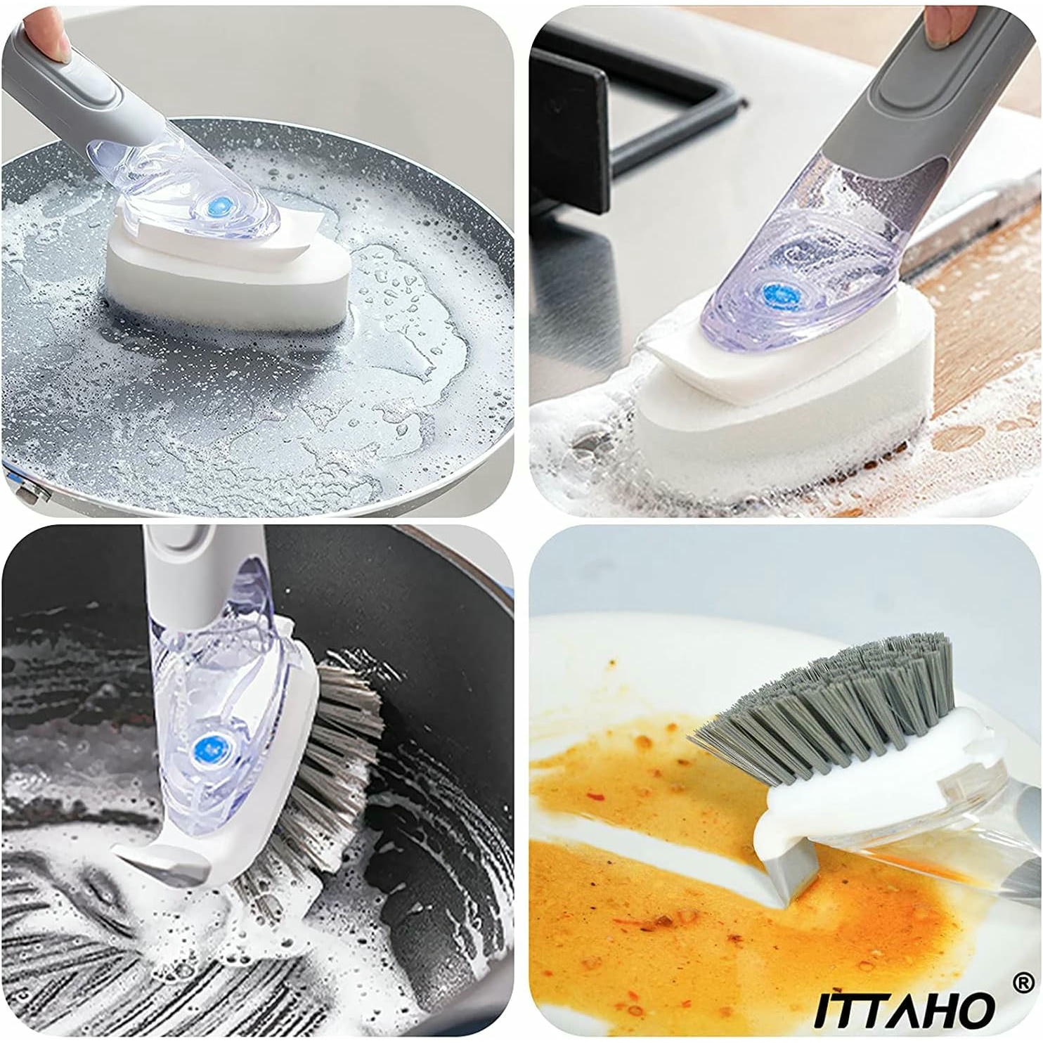 Cepillo dispensador de jabón para platos con 3 recambios de esponja, cepillo de cocina antiarañazos con mango ergonómico para limpieza eficiente