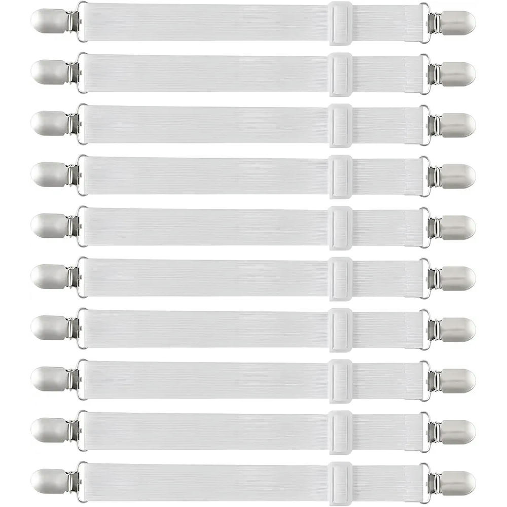 10 Sujetadores Ajustables para Sábanas, Clips de Metal para Colchones y Sofás, Correas Elásticas de 50 a 230 cm, Color Blanco
