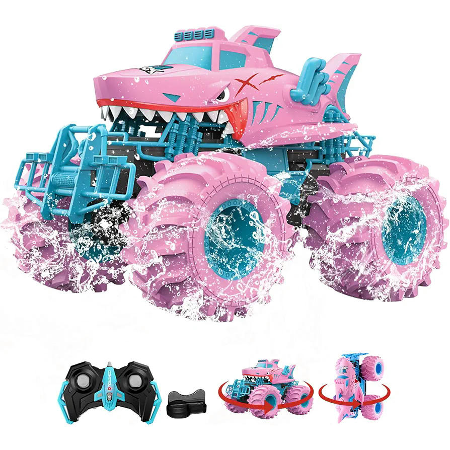 Coche teledirigido anfibio rosa en forma de tiburón para niños y niñas de 4 a 12 años, 4WD