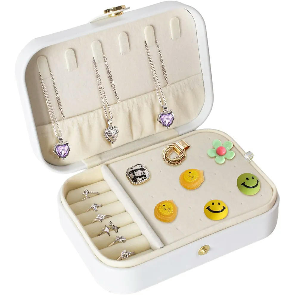 Joyero Organizador para Mujer de Cuero PU, 2 Capas y Forro de Terciopelo, Blanco