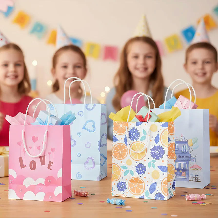 20 Piezas Bolsas de Regalo con Asas en 4 Patrones de Papel Kraft, 21x11x27 cm para Fiestas y Celebraciones (Multicolor)