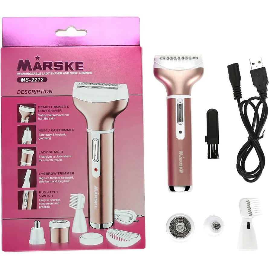Afeitadora eléctrica femenina 4 en 1, recargable e impermeable con cabezales intercambiables (Rosa)