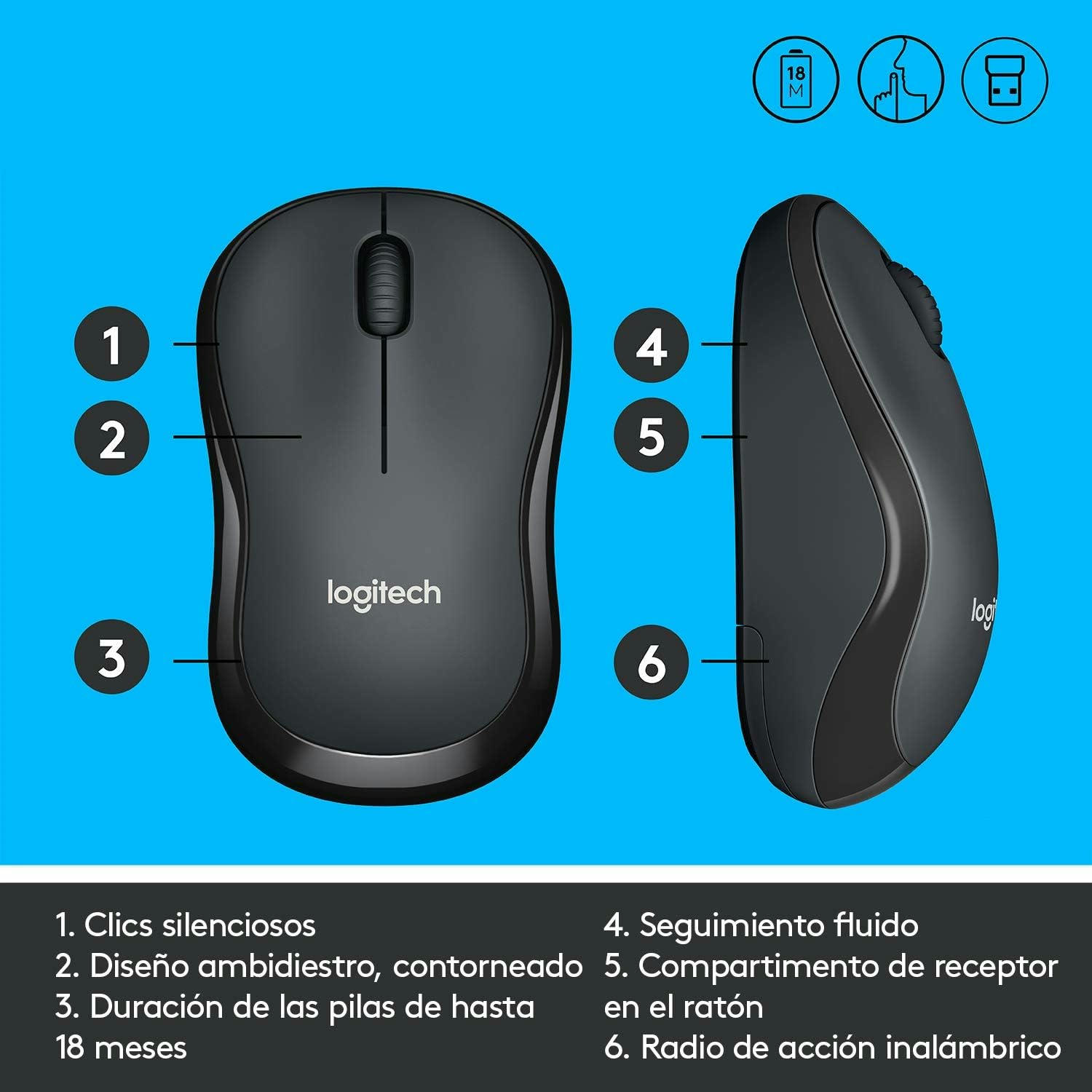 Logitech M220 SILENT Ratón Inalámbrico, 2.4 GHz, Receptor USB, Seguimiento Óptico con Resolución de 1000 dpi, Batería de 18 Meses, Ambidiestro, Compatible con PC, Mac, Portátil - Gris