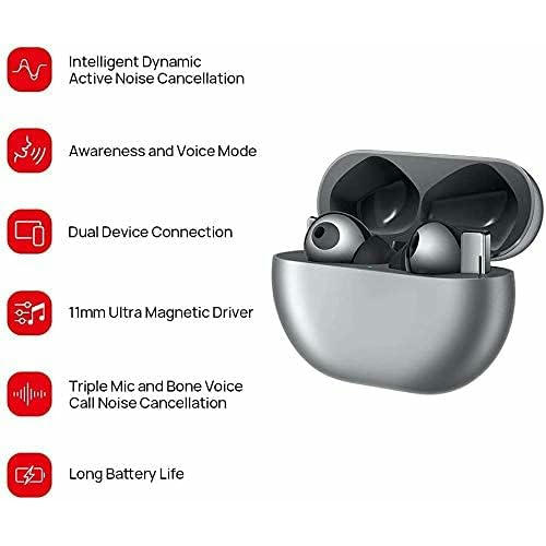 HUAWEI FreeBuds Pro - Auriculares inalámbricos Bluetooth con cancelación Inteligente de Ruido, Sistema de 3 micrófonos, Carga inalámbrica rápida, Plata, Pequeño