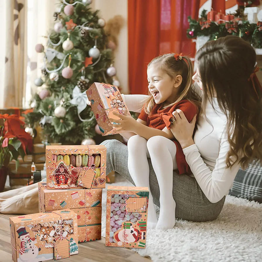 Caja de galletas de Navidad, 12 piezas, diseño variado, ideal para regalo, 100% segura para alimentos, adecuada para dulces y pasteles, papel kraft biodegradable