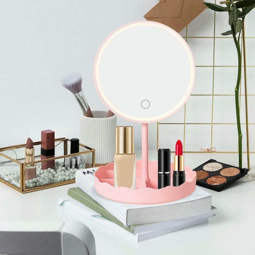 Espejo de Maquillaje con Luz LED y botón táctil, Iluminación Regulable y Diseño Elegante (Rosa)